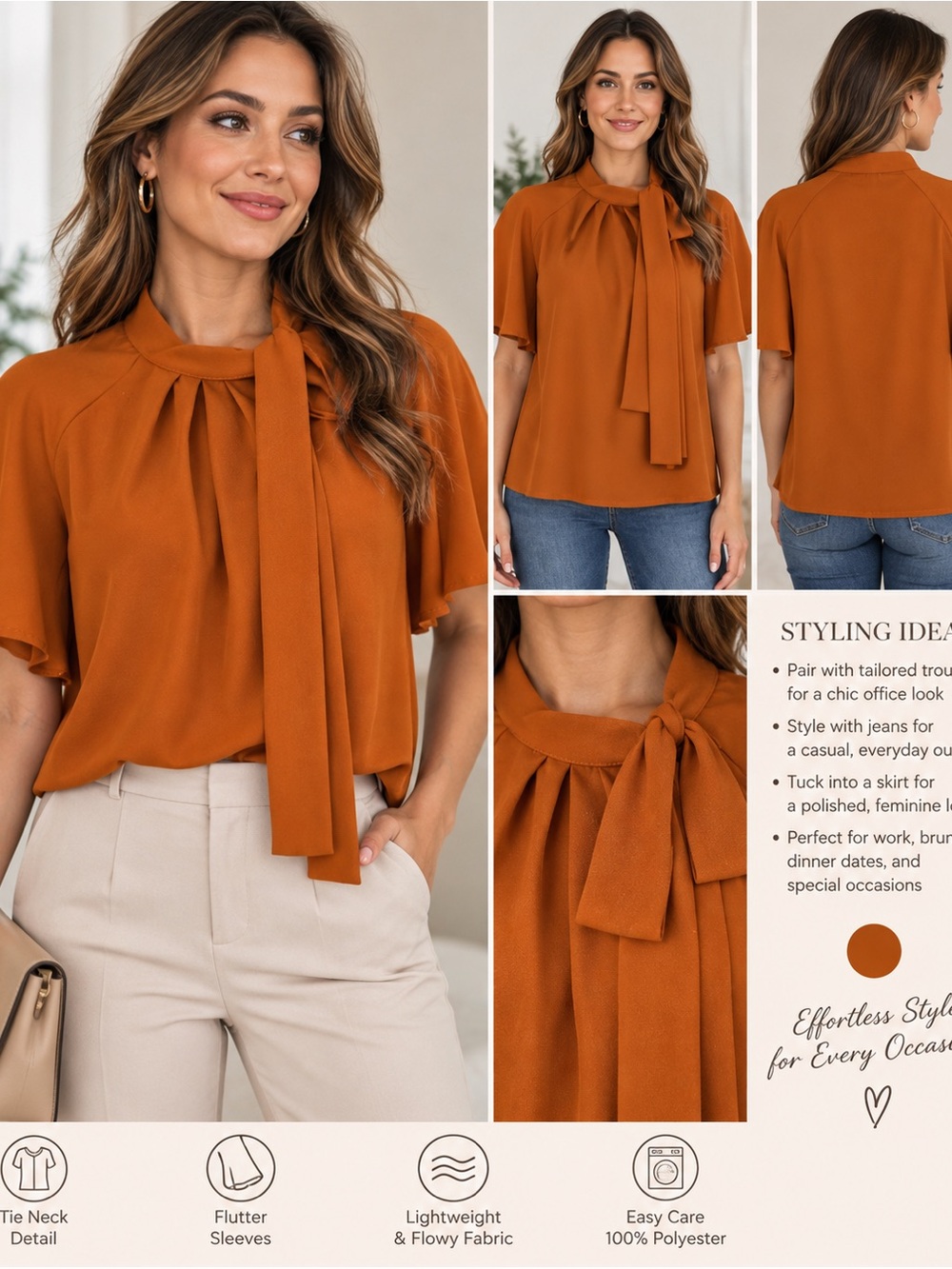 SHEIN Elegant Tie-Neck Short Sleeve Blouse in Rust Orange,Large